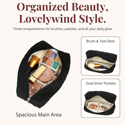 Makeup Bag for Women, Travel Cosmetic Bag Organizer with Compartments, Quilted Puffy Toiletry Pouch for Brushes, Essentials and Accessories, Black