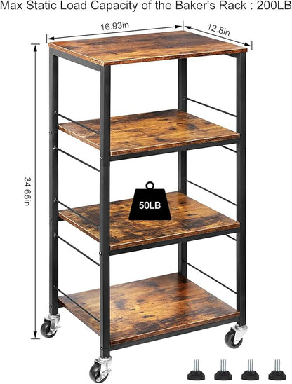 CADUKE Rolling Kitchen Cart Industrial Serving Cart 4 Tier Wood Utility Island on Wheels Rolling Bar Cart with Storage Farmhouse Microwave Table Serving Trolley Stand for Bathroom Living Room, Brown