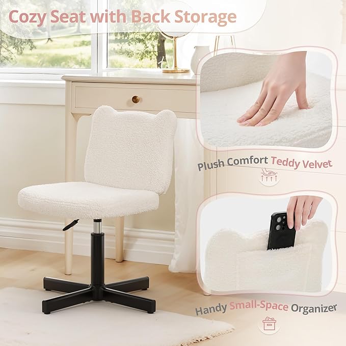 LUE BONA Adjustable Vanity Stool Chair with Girly Bear Ear Wide Back, 360° Swivel Vanity Stool for Makeup Room, Upholstered Teddy Velvet Ottoman for Girls, 350lbs, Beige