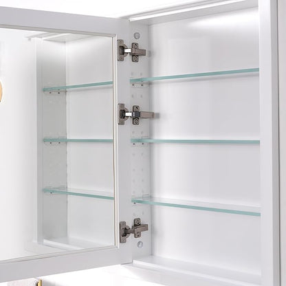 WELLFOR 26"x 32" Bathroom Medicine Cabinet with 3-Tier Adjustable Glass Shelves, Recessed Solid Wood Medicine Cabinet with Mirrors and Soft-Close Door