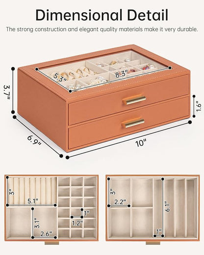 AKOZLIN Jewelry Box with Clear Lid Functional Leather Jewelry Storage Organizer Case 2 Drawers for Women Girls Necklace Ring Bracelet Earring
