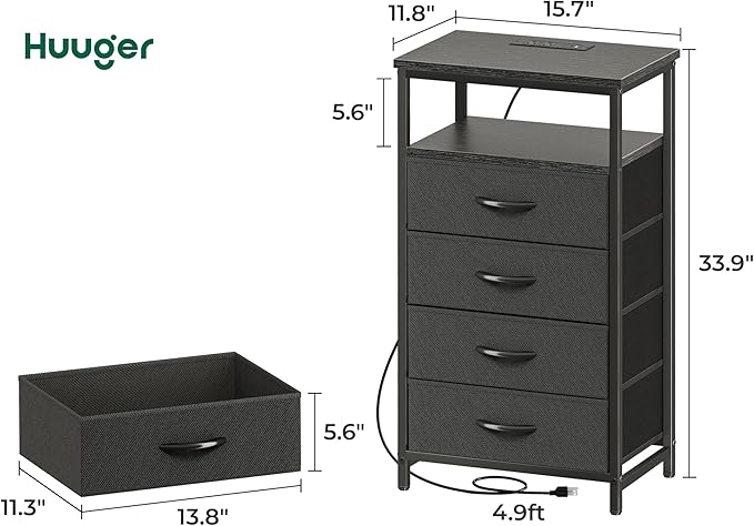 Huuger Night Stand with Charging Station, 4 Drawer Dresser for Bedroom, Bedside Table, 33.9 Inch Tall Nightstand with Open Shelf, End Table, for Closet, Entryway, Bedroom, Black