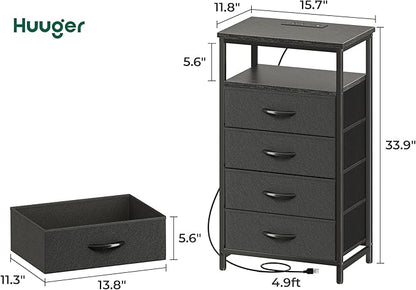 Huuger Night Stand with Charging Station, 4 Drawer Dresser for Bedroom, Bedside Table, 33.9 Inch Tall Nightstand with Open Shelf, End Table, for Closet, Entryway, Bedroom, Black