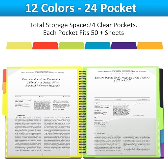HABGP 12 Pocket Plastic folders with Pockets, 6 Colors Multi Pocket Folder Binder with Dividers, Office Organizer Folder Letter Size School Supplies