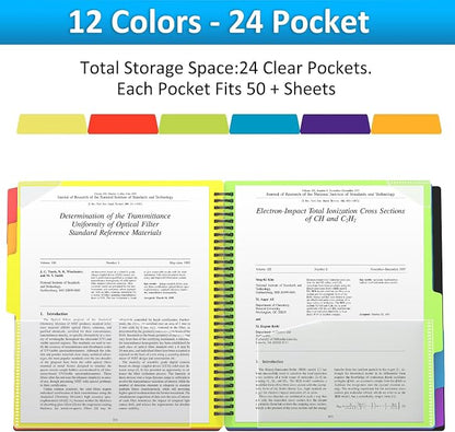 HABGP 12 Pocket Plastic folders with Pockets, 6 Colors Multi Pocket Folder Binder with Dividers, Office Organizer Folder Letter Size School Supplies