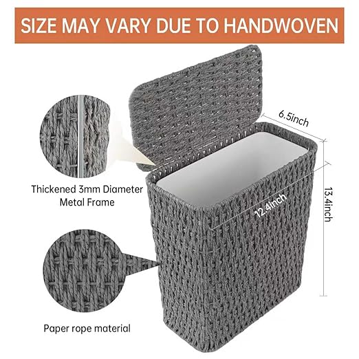 3 Gallon Paper Rope Bathroom Trash Can,Small Wicker Trash Cans with Lid and Liner,Woven Rattan Narrow Waste Basket for Bedroom,Office,Grey