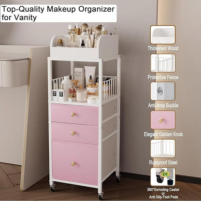 Makeup Organizer Cart with Drawers, Make up Organizers for Vanity, Floor Skincare Organizers- for Cosmetics, Nail Polish, Art Supply, Bathroom Vanity Desktop Organizer (White)