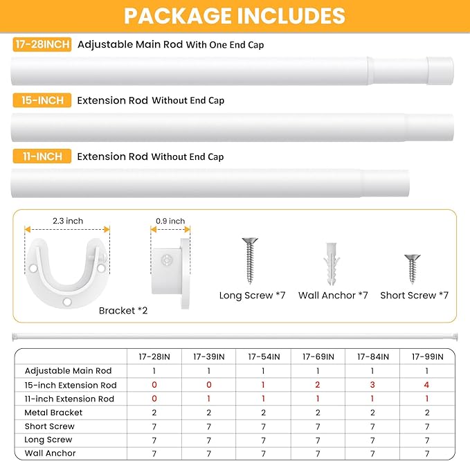 Closet Rods for Hanging Clothes, 17-84 Inch No-Cut Stepless Adjustable Closet Rod, 1.3 Inch Heavy Duty Metal Closet Hanging Rod with Brackets, White Closet Bar for Closet, Laundry Room, RV, Wardrobes