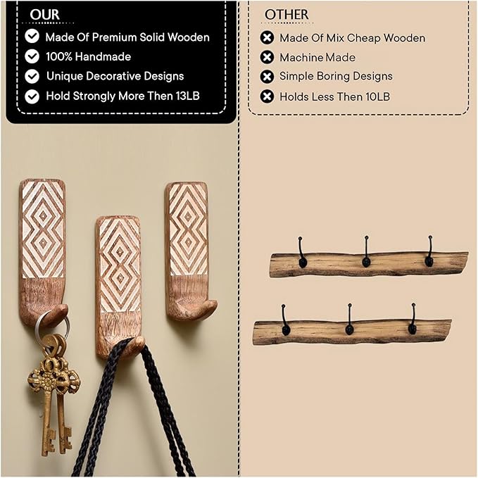 Indian Shelf Boho Decorative Wood Adhesive Wall Hooks for Hanging Coats, Keys, Leash, Hat, Towel Holder, Cute Sticky Key Holder, White Brown Western Wall Décor (6 Hook 12 Strips)