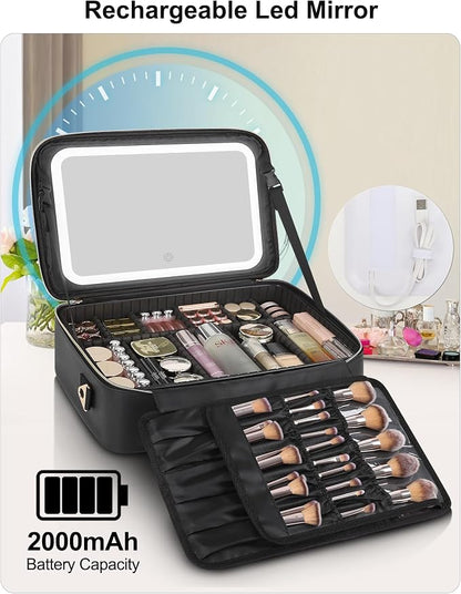 Relavel Travel Makeup Bag With LED Mirror, 16.2" Large Makeup Train Case, 3 Color Scenarios Adjustable Brightness, Waterproof Makeup Train Case Organizer with DIY Dividers for Makeup Artist, Black
