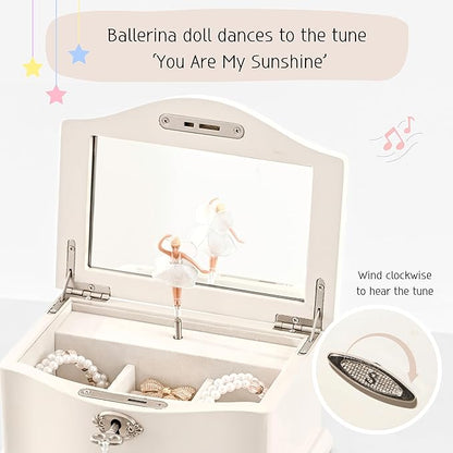 Wooden Musical Jewelry Box for girls with Mirror and Key Lock, Gift for Kids on Birthdays and Holidays (Pink, Small) (Beige, Medium)