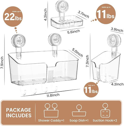 LUXEAR Suction Cup Shower Caddy Clear - Shower Caddy+Soap Dish+Toothbrush Holder - 1 Second Installation NO-Drilling Removable Powerful Waterproof Shower Organizer for inside Shower Bathroom