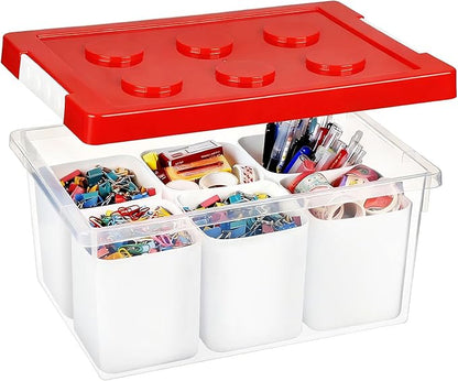 loobuu Plastic Storage Bins with Lids, Art Craft Supply Organizer Box with Brush Pot, Multipurpose Stackable Storage Containers for Organizing Tool, Craft, Crayon,Sewing (Red)