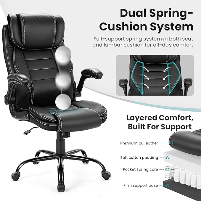 Big and Tall Executive Office Chair 400lbs for Heavy People, Ergonomic Computer Desk Chair with Lumbar Support & Adjustable Headrest, Comfy High Back Leather Office Chairs for Long Sitting, Black