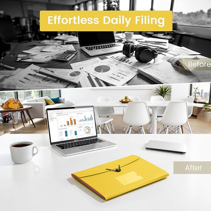 13 Pocket Accordion File Organizer with Elastic Closure, Expanding File Folder for Letter Size A4 Papers, Ideal for Home, Office Supplies, College Essentials - Yellow