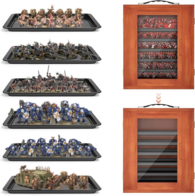 WELIDAY Miniature Storage Case for Collectibles, Miniature Display Cases with Magnetic Door and 6 Trays, Clear View Miniatures Transport Case (Brown)