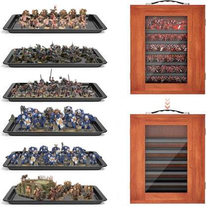 WELIDAY Miniature Storage Case for Collectibles, Miniature Display Cases with Magnetic Door and 6 Trays, Clear View Miniatures Transport Case (Brown)