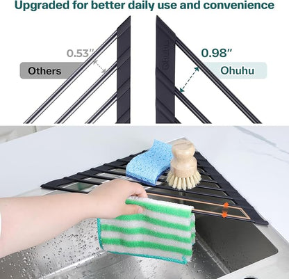 Ohuhu Corner Sink Caddy, Sponge Holder for Kitchen Sink Organizer - Silicone Wrapped Steel Anti Slip Rust Triangle Over the Sink Roll-UP Dish Drying Rack for Sink Corner Kitchen Sink Accessories