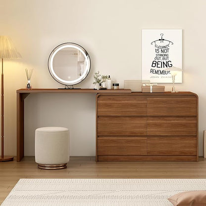 Makeup Vanity Desk with Mirror and Lights, 50-90inch Extendable Mid Century Walnut Makeup Dresser Combo with 47 Inch 6 Drawer Dresser, L Shaped Vanity Desk and Stool, Brown