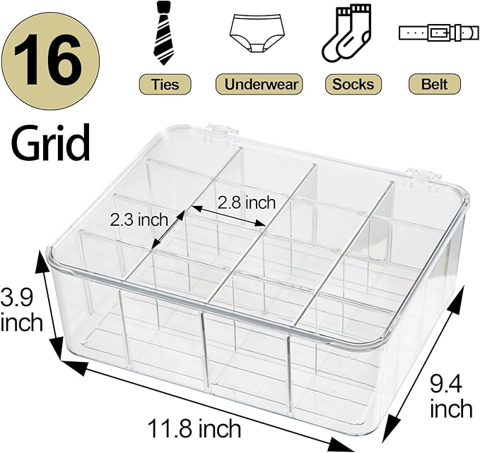 ZEXALOR Plastic Clear Storage Containers, Set of 2, Sock Organizer Divided Boxes with Lids, Underwear Drawer Organizer, Tie Dresser Organizer (11.8×9.4×3.9")
