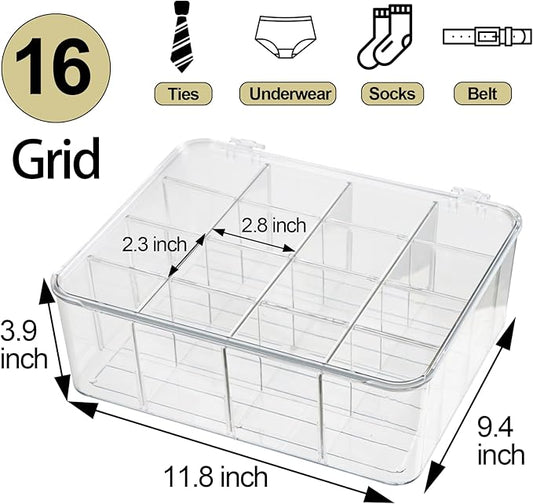 ZEXALOR Plastic Clear Storage Containers, Set of 2, Sock Organizer Divided Boxes with Lids, Underwear Drawer Organizer, Tie Dresser Organizer (11.8×9.4×3.9")