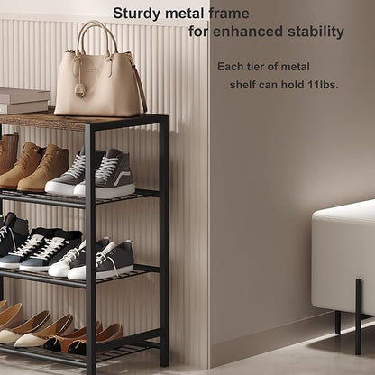 HOMEFORT 4-Tier Shoe Rack Organizer, Shoe Tower for Closet, Shoe Storage Shelf with MDF Top Board, Each Tier Fits 3 Pairs of Shoes, Entryway Shoes Organizer with Sturdy Metal Shelves, Rustic Brown