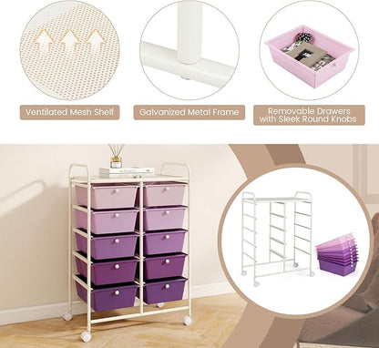 LDAILY 10 Drawer Rolling Cart, Storage Cart Organizer on Wheels, Drawer Cart with Metal Frame & Large Storage Capacity, Rolling Cart with Drawers for Living Room Classroom, Office