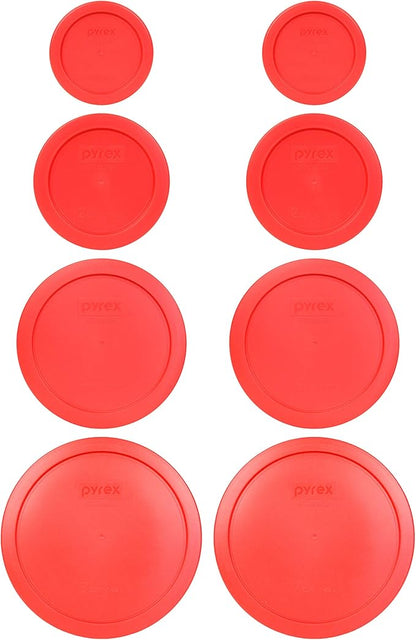 Pyrex (2) 7202-PC 1 Cup, (2) 7200-PC 2 Cup, (2) 7201-PC 4 Cup, (2) 7402-PC 6/7 Cup Red Round Plastic Food Storage Lids, Made in USA
