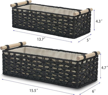 Toilet Paper Baskets for Organizing[2 pack],Paper Rope Wicker Storage Basket with Handle, Bathroom Basket for Bedroom,Living Room.Nursery, (black)