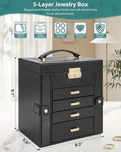 AKOZLIN 5-Tier Jewelry Box Leather Jewelry Storage Organizer with 4 Drawers Lockable for Women Girls Ring Necklace Earring Bracelet Watches Holder with Mirror Black