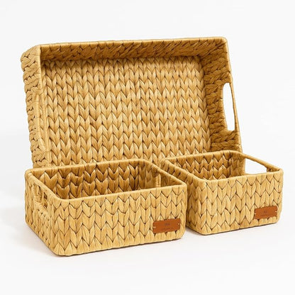 Natural Water Hyacinth Storage Baskets, 3-Piece Handwoven Nesting Organizer Set, Decorative Woven Containers for Bathroom, Kitchen, Living Room (1 Detachable Square Basket)