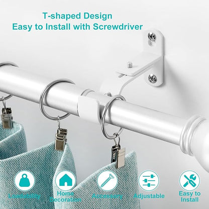 Adjustable Curtain Rod Brackets, Metal Window Drapery Rod Hanger Holders Hooks for 1 inch Rods (White, Set of 2)