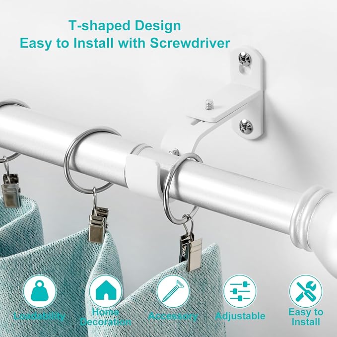 Adjustable Curtain Rod Brackets, Metal Window Drapery Rod Hanger Holders Hooks for 1 inch Rods (White, Set of 3)