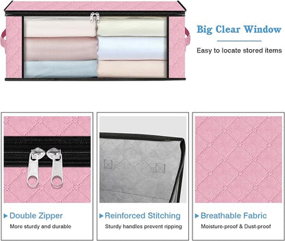 HomeHacks Storage 4-Pack Clothes Organizer Storage Bags Foldable Storage Box with Large Clear Window Sturdy Handles for Closet, Dorm, Pillows, Bedding, Clothes, Blankets, 35L, Pink
