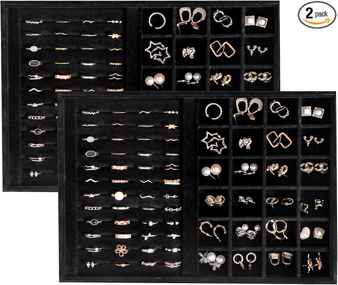 Large Velvet Jewelry Tray 2 Pack Stackable Jewelry Display Drawer Inserts Trays Organizer for Earring Bracelet Necklace Ring (Black, Ring and 24 Grids)