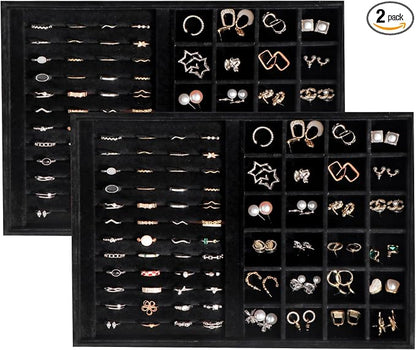 Large Velvet Jewelry Tray 2 Pack Stackable Jewelry Display Drawer Inserts Trays Organizer for Earring Bracelet Necklace Ring (Black, Ring and 24 Grids)
