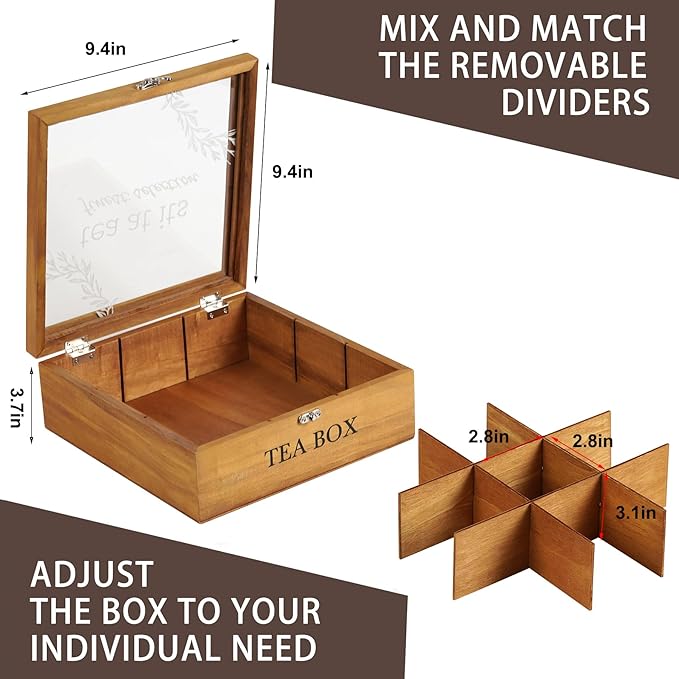 Wooden Tea Box, DecorativeTea Box Organizer,Teas Organizers and Storage,Tea Holder Organizer with 9 Compartments Clear Lid for Home Gifts & Tea Parties