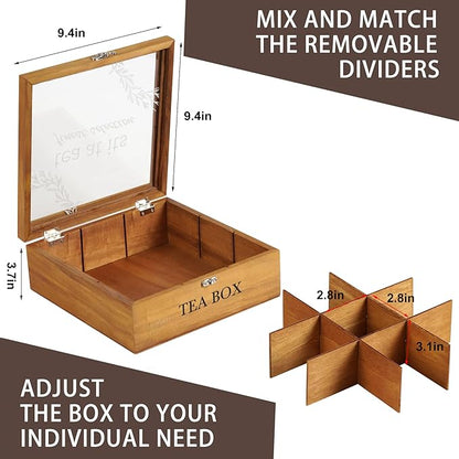 Wooden Tea Box, DecorativeTea Box Organizer,Teas Organizers and Storage,Tea Holder Organizer with 9 Compartments Clear Lid for Home Gifts & Tea Parties