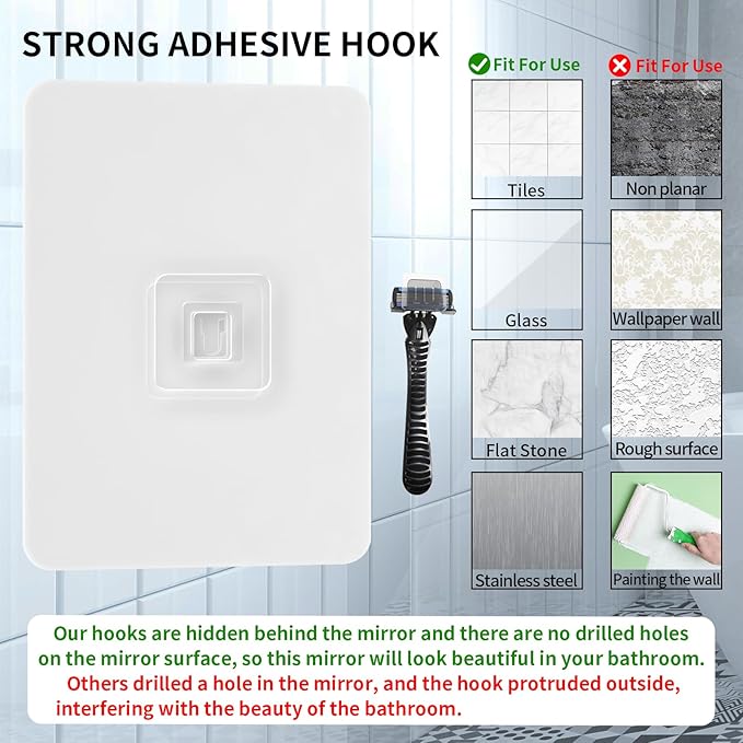 Fogless Shower Mirror, Large(10.2x7.8in) & Includes 2 Adhesive Hooks, Easy Install & Unbreakable & Super Thick, Fog Free (No Fog) Shower Mirror for Shaving