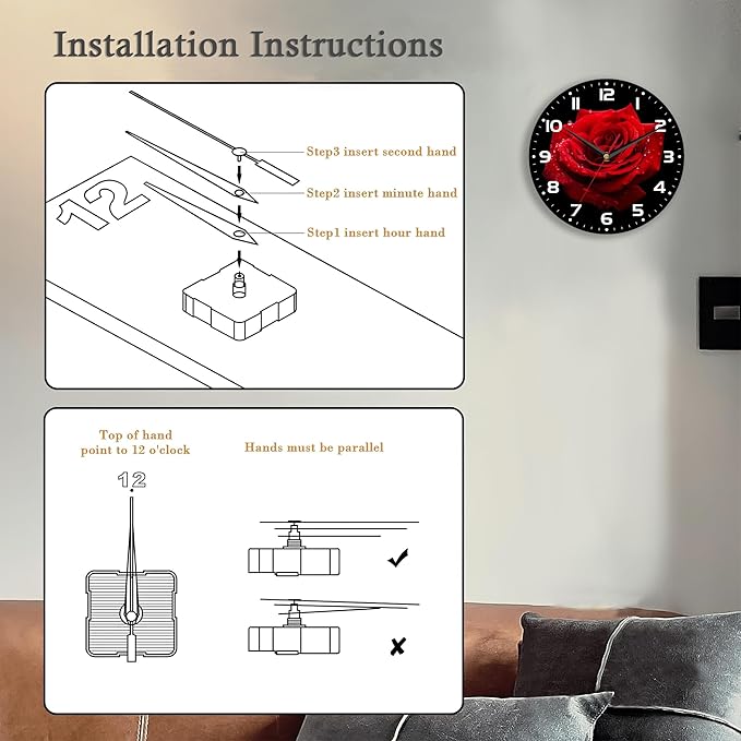 Wall Clock, 10 Inch Silent Non-Ticking Home Kitchen Decor, Battery Operated for Bathroom Bedroom Living Room Office(Red Roses)