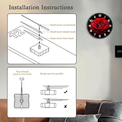 Wall Clock, 10 Inch Silent Non-Ticking Home Kitchen Decor, Battery Operated for Bathroom Bedroom Living Room Office(Red Roses)