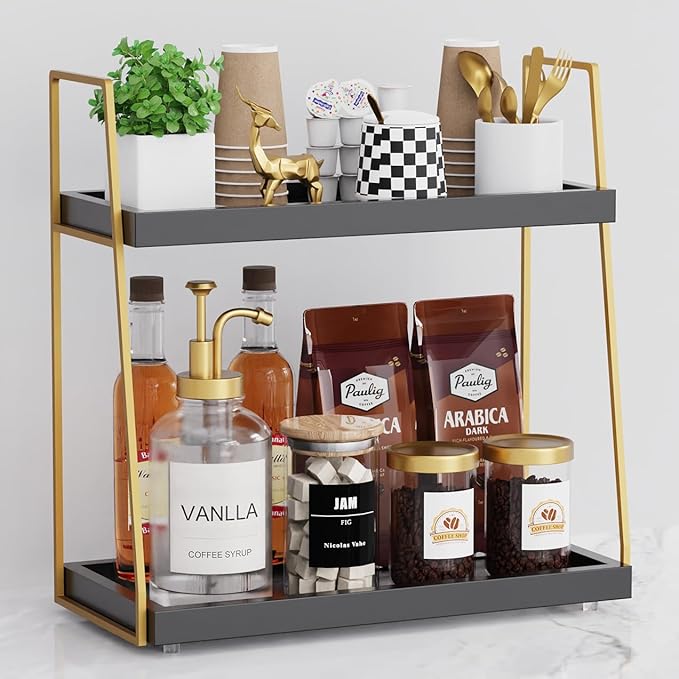 Coffee Bar Accessories, Black Gold Coffee Station Organizer for Countertop Decor, 2 Tier Large Wooden CoffeeBar Shelf for Office, Breakroom, Bathroom