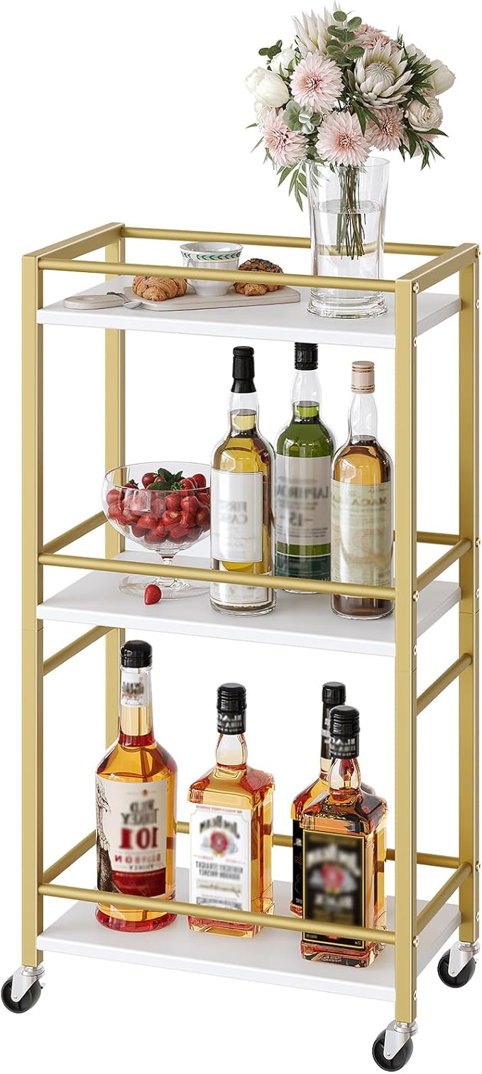 Bar Cart for The Home, 3-Tier Drink Cart on Wheels, Home Bar Serving Cart, Mini Bar Cart for Small Space, Rolling Kitchen Carts for Bar, Kitchen, Dining Room, Gold RCJW4001