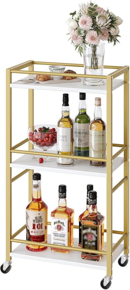 Bar Cart for The Home, 3-Tier Drink Cart on Wheels, Home Bar Serving Cart, Mini Bar Cart for Small Space, Rolling Kitchen Carts for Bar, Kitchen, Dining Room, Gold RCJW4001