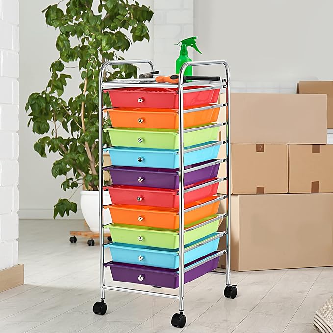 RELAX4LIFE 10 Drawer Rolling Cart, Slim Storage Cart w/Lockable Wheels for Classroom School Teacher Office, Art Supplies Paper Scrapbook Craft Organizers, Utility Cart with Drawers (Multicolor)