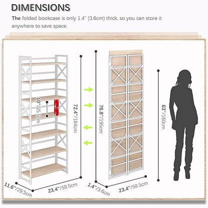 4NM 7 Tiers No Assembly Book Shelves, 72.4" H Folding Bookshelf Bookcase Open Industrial Foldable Shelves for Bedroom, Living Room, Home Office - Natural White