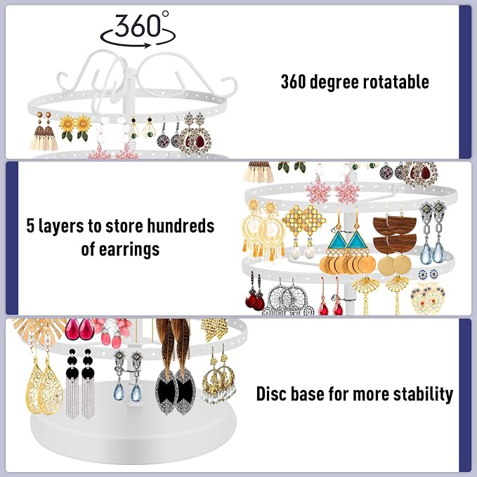5 Tier 360 Rotating Earring Holder Organizer Stand, Jewelry Tree Rack, 220 Holes Display Storage for Stud Hoop Earrings, Vintage Metal Design, Space Saving Table Decor