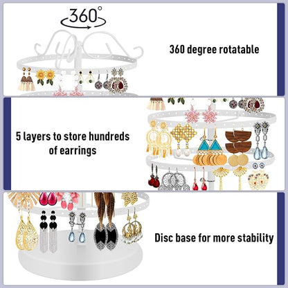 5 Tier 360 Rotating Earring Holder Organizer Stand, Jewelry Tree Rack, 220 Holes Display Storage for Stud Hoop Earrings, Vintage Metal Design, Space Saving Table Decor