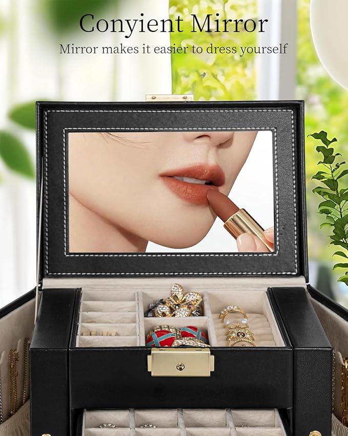 TORIBIO Jewelry Box for Women, Leather Jewelry Organizer with Mirror & Lock, 3-Tier Jewelry Storage Organizer with 2 Drawers for Girls/Women/Mothers, Necklace Earring Bracelets Holder Organizer