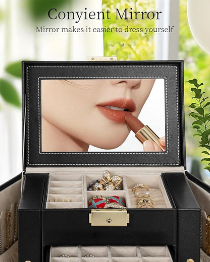 TORIBIO Jewelry Box for Women, Leather Jewelry Organizer with Mirror & Lock, 5-Tier Jewelry Storage Organizer with 4 Drawers for Girls/Women/Mothers, Necklace Earring Bracelets Holder Organizer